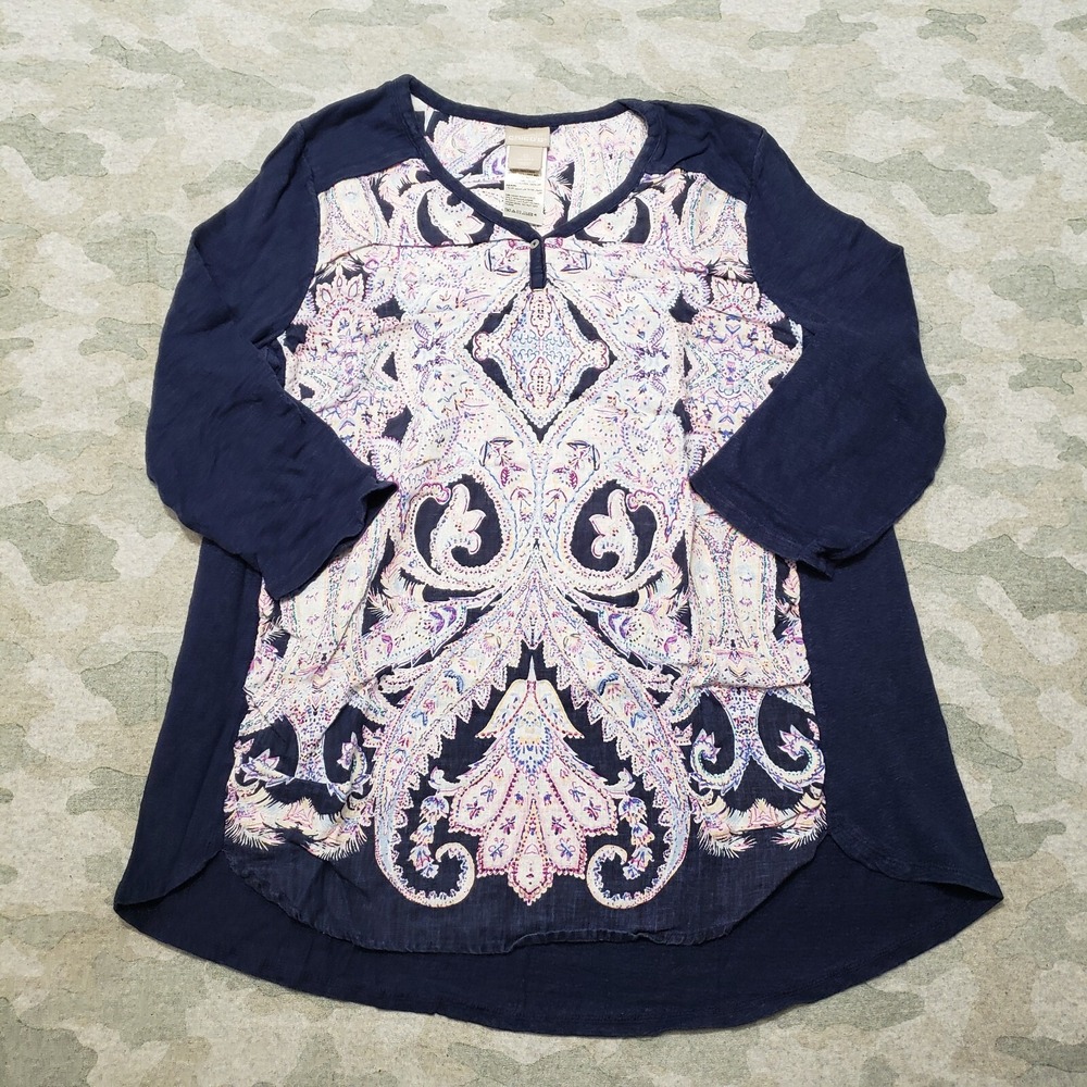 Chico's Top Womens 0 Blue Linen Long Sleeve